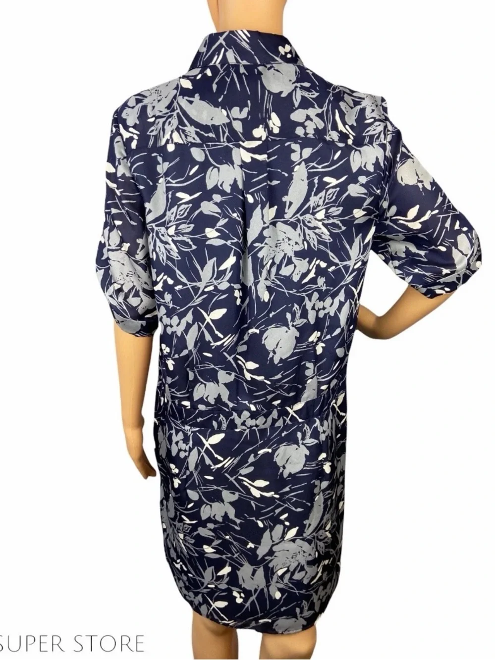 Banana Republic Navy Blue Gray Floral Shirt Dress Roll Tab Sleeve Size 10 NWT